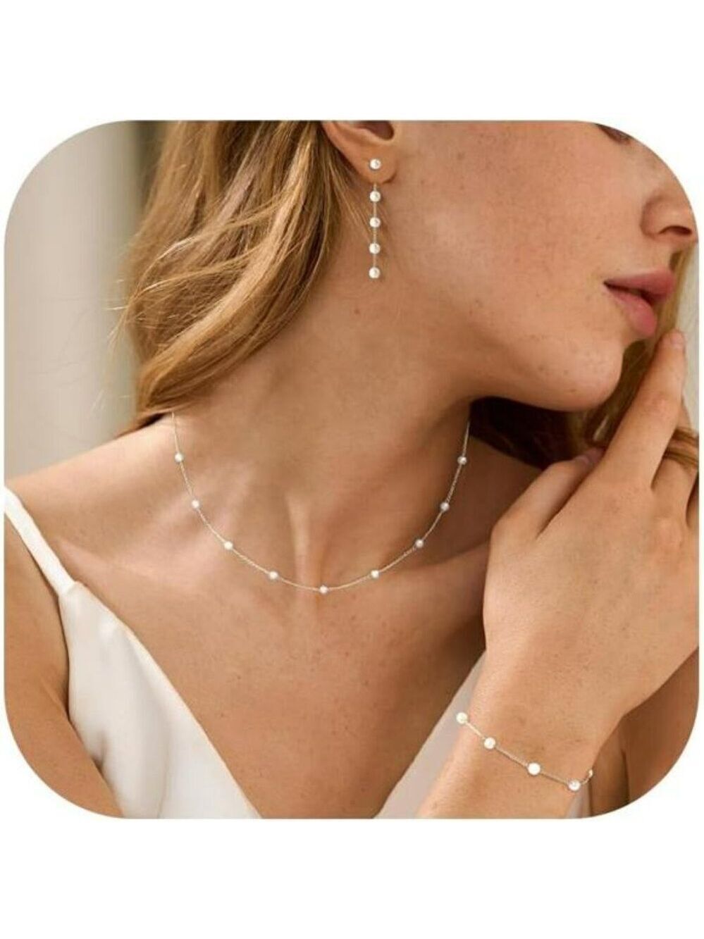 Dainty Pearl Necklace Earrings Bracelet Set Gold Silver Plated Wedding Jewelry